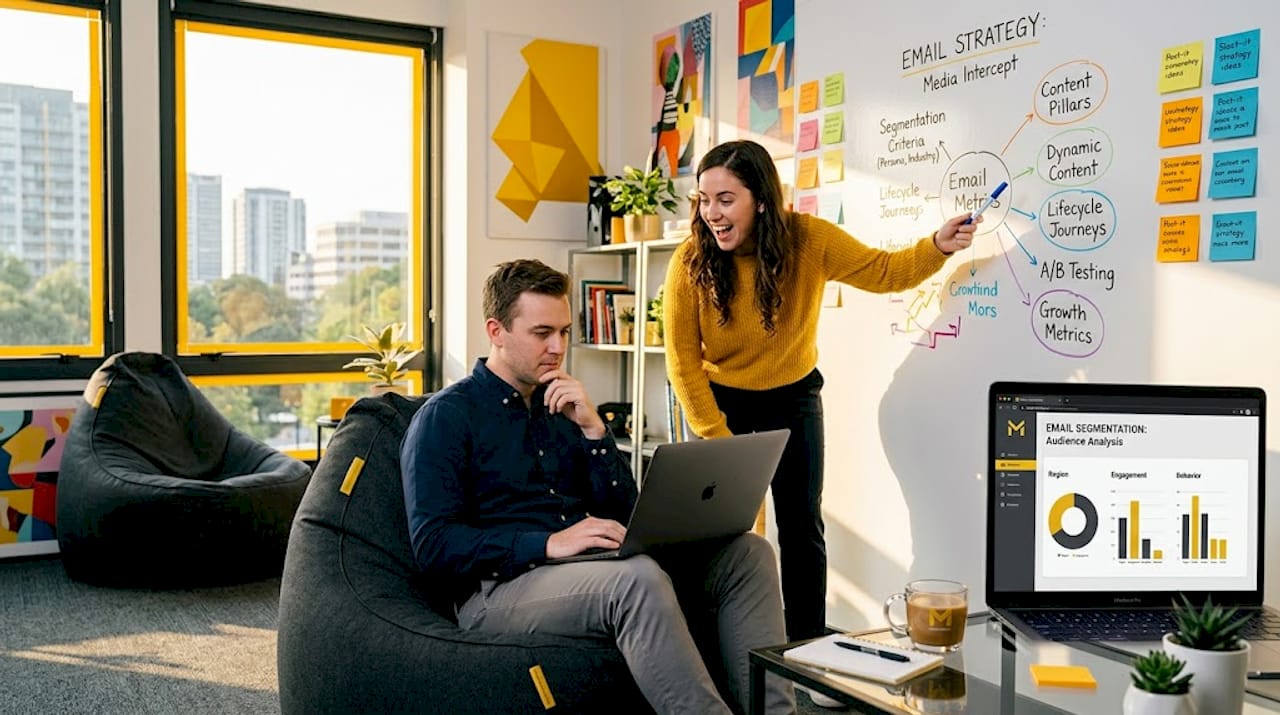 Coworkers discussing email segmentation ideas