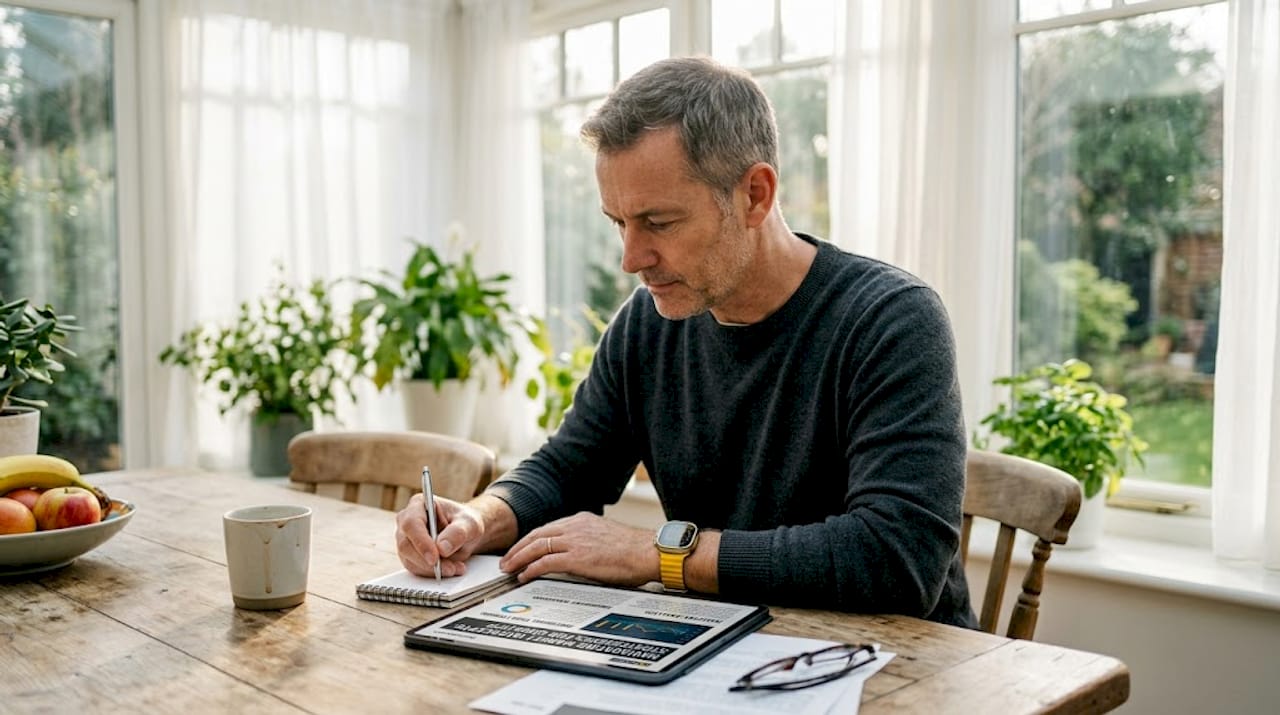 Man reading newsletter at kitchen table