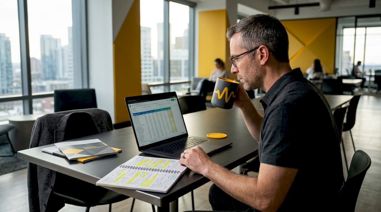 Marketer analyzing newsletter ROI at workspace