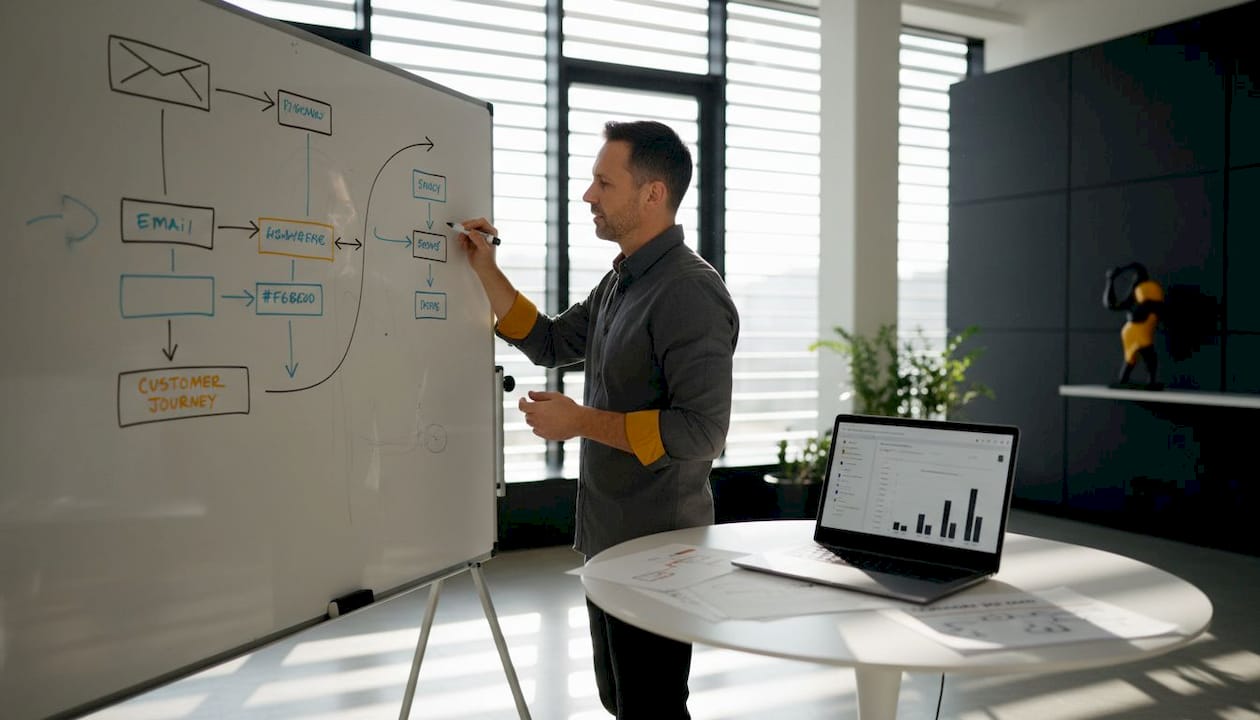 Marketer sketching email workflow diagram on whiteboard