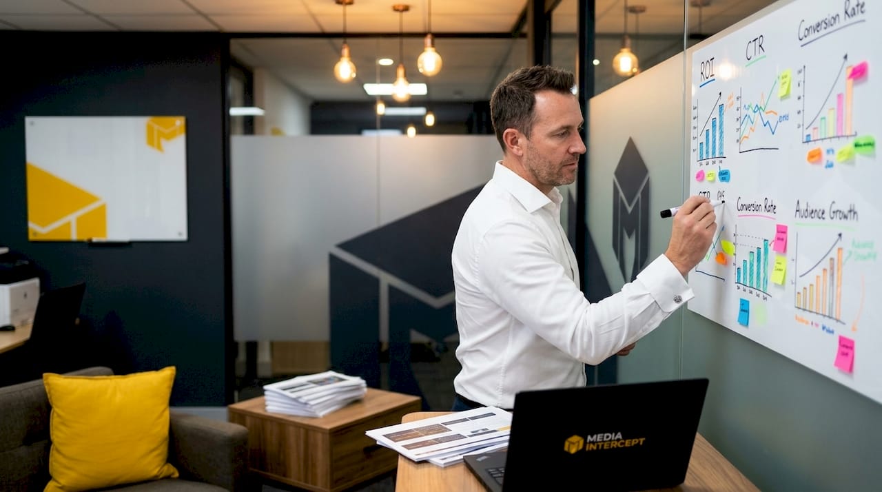 Marketing analyst planning campaign with metrics