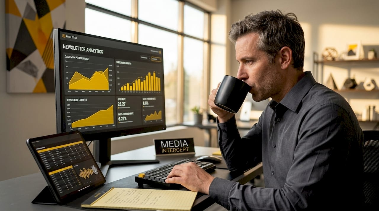 Man viewing newsletter campaign statistics on monitor