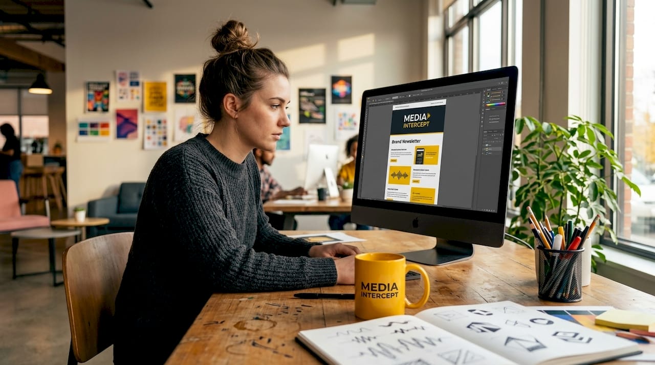 Designer reviewing brand newsletter visual identity