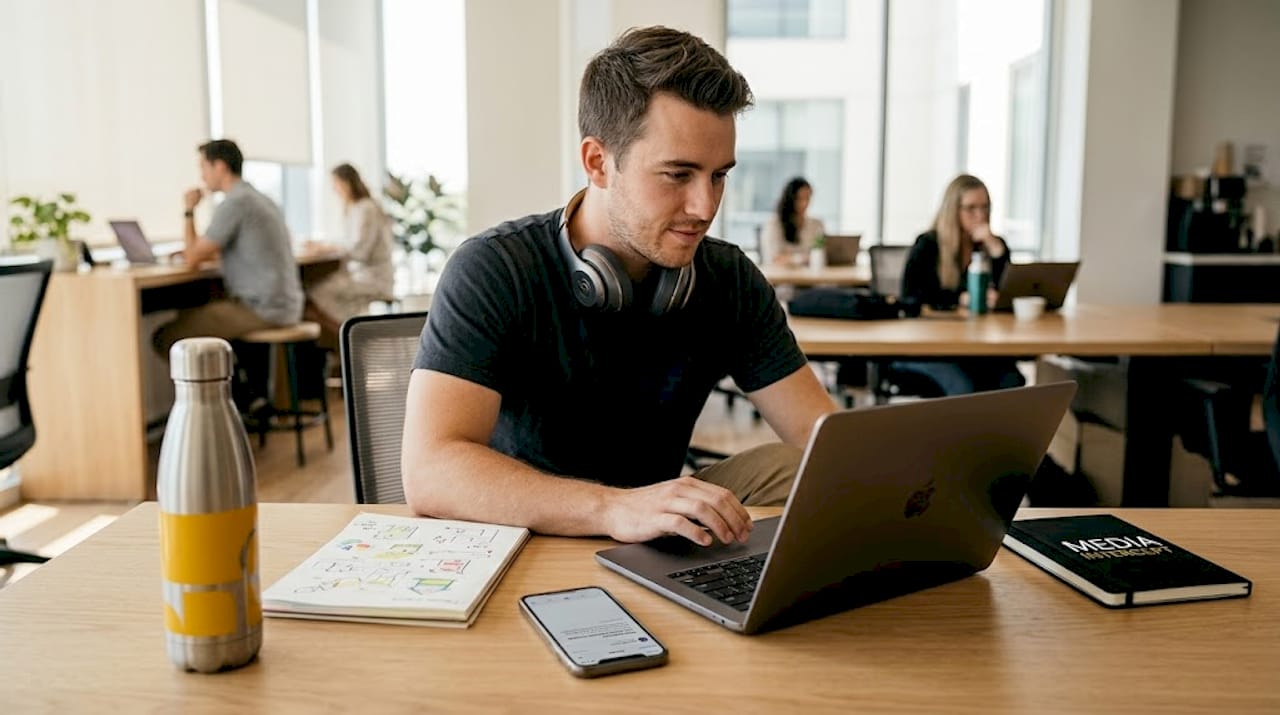 Designer adjusting newsletter ad creative on laptop