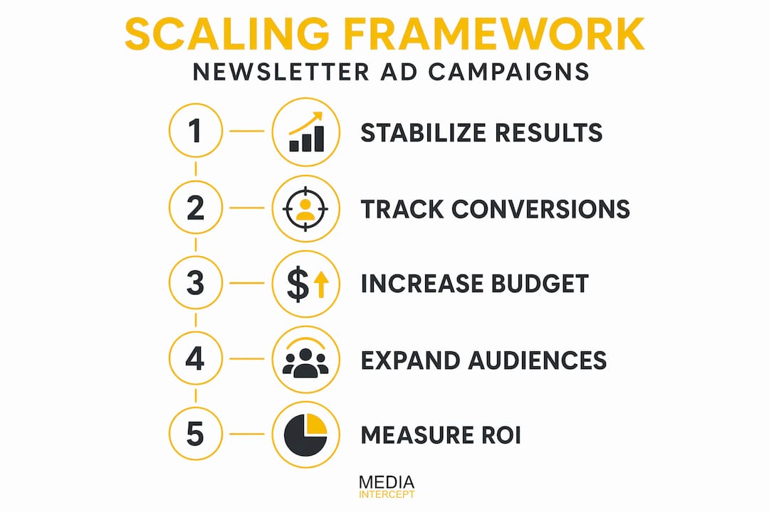 Infographic showing newsletter ad scaling framework steps