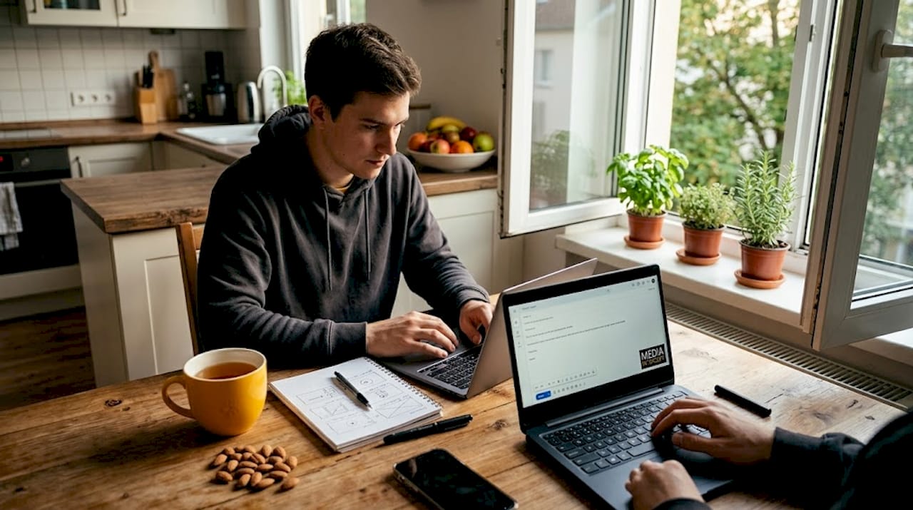 Person planning email sequence at kitchen table