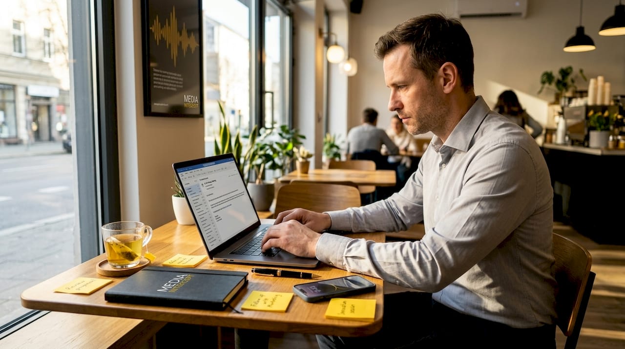 Man replying to follow-up email in co-working space