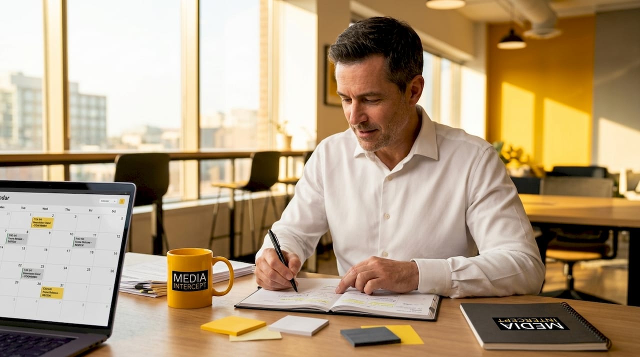 Marketer planning newsletter schedule at desk
