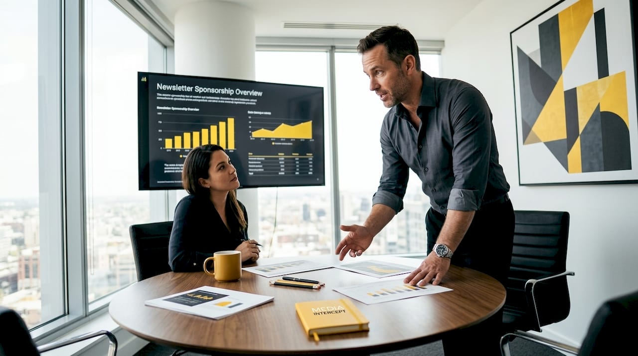 Marketer discussing newsletter sponsorship with colleague