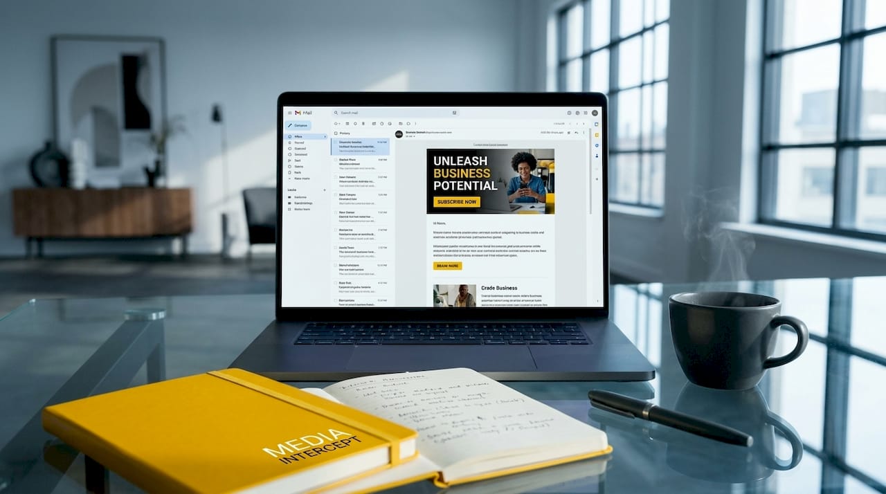 Laptop displaying newsletter with primary ad banner