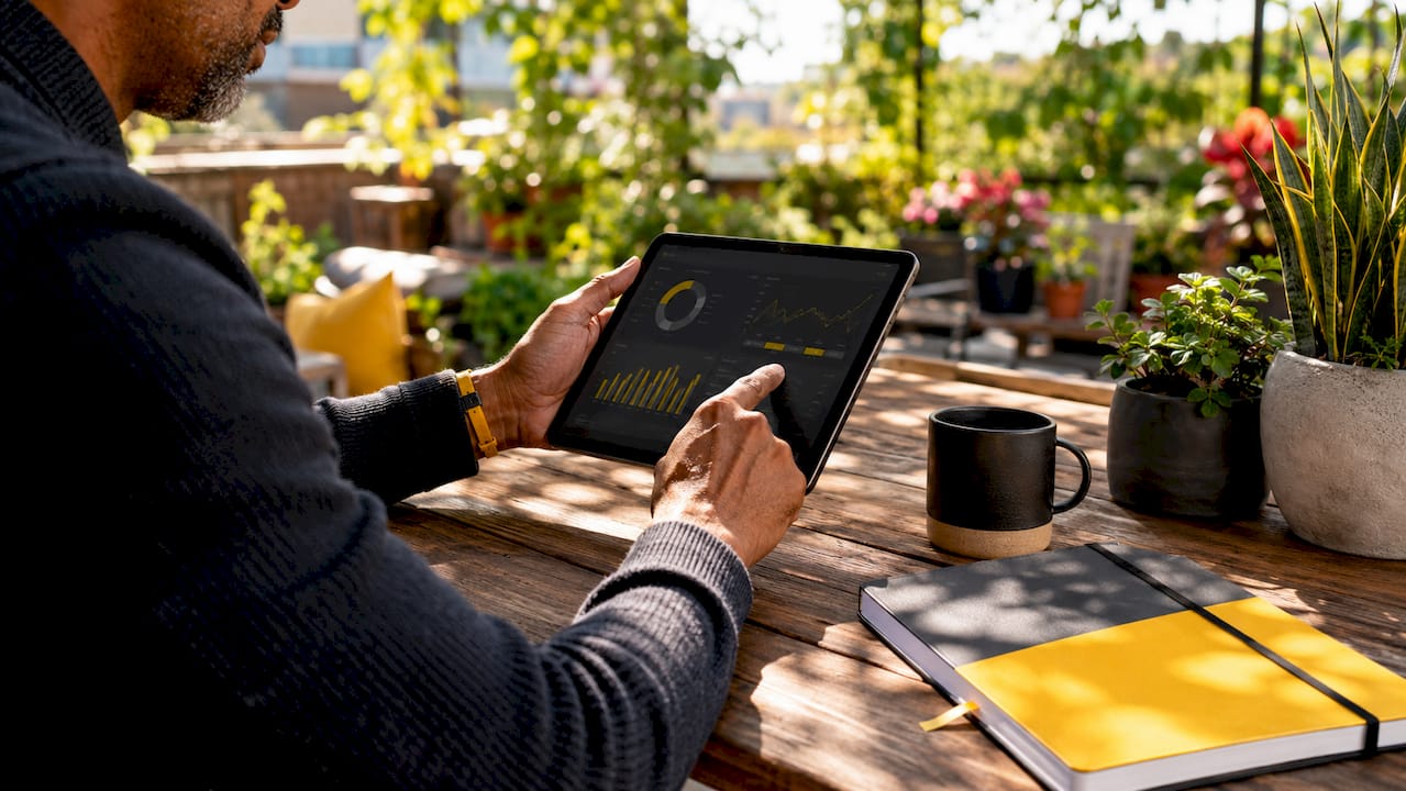 Hands scrolling newsletter ad engagement data on tablet