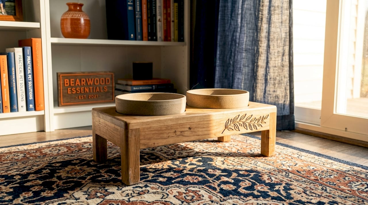 Wooden feeder with ceramic bowls in home