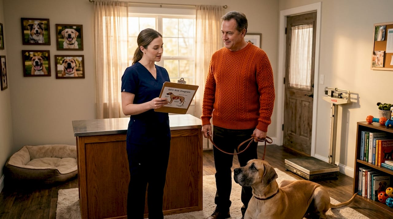 Vet consulting owner of large breed dog about risks