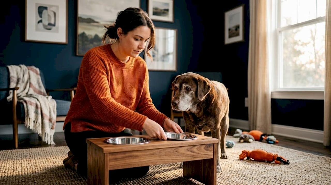 Owner adjusting wooden elevated dog feeder