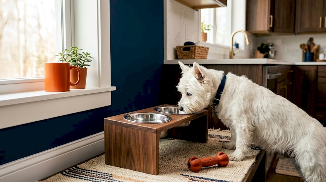Rustic dog feeder with bowls in cozy home