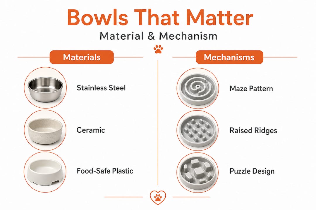 Infographic comparing bowl materials and mechanisms