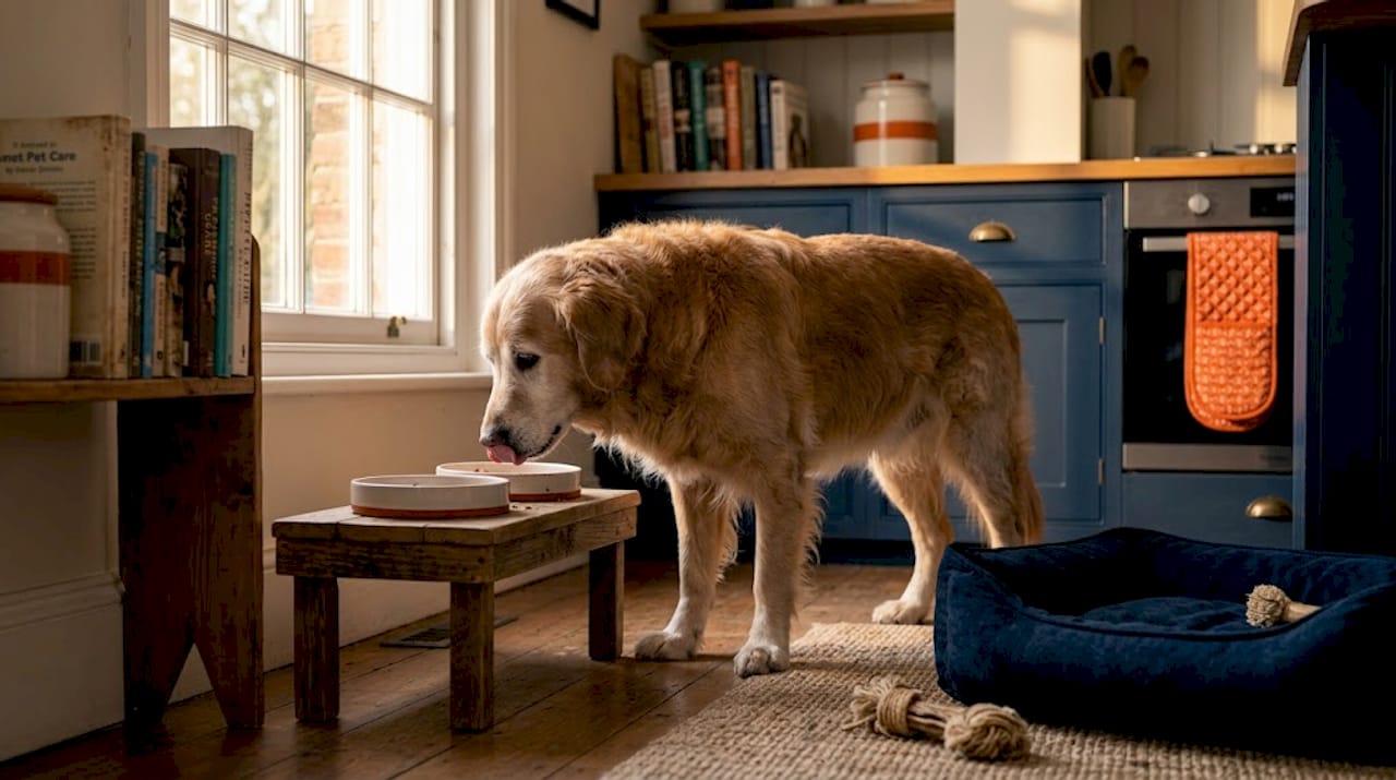 Elderly dog relaxed at elevated food bowl