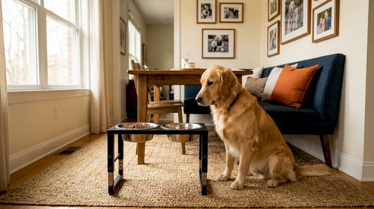 Adjustable raised dog feeder in living room