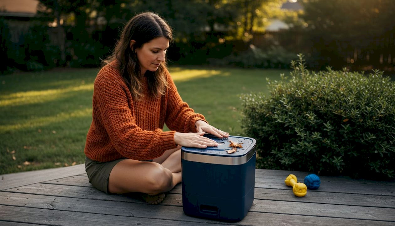 Dog owner inspecting sealed outdoor feeder