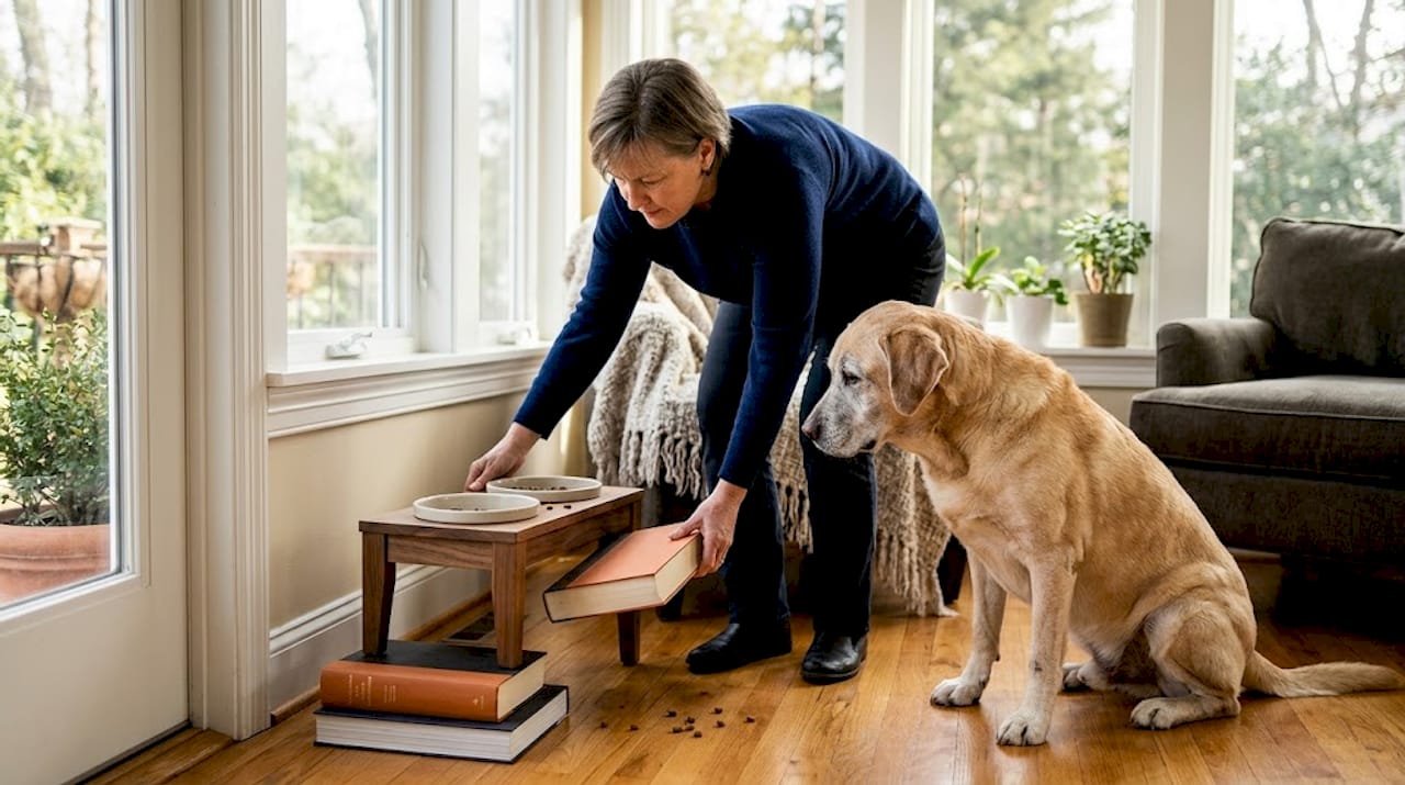 Person incrementally raises dog's feeder height