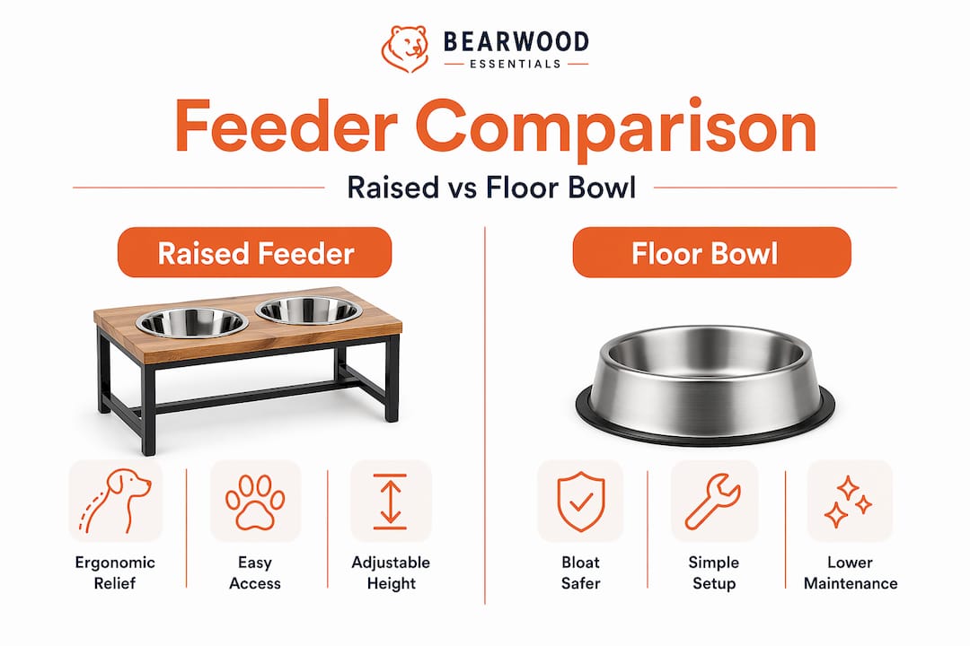 Infographic comparing raised vs floor feeders