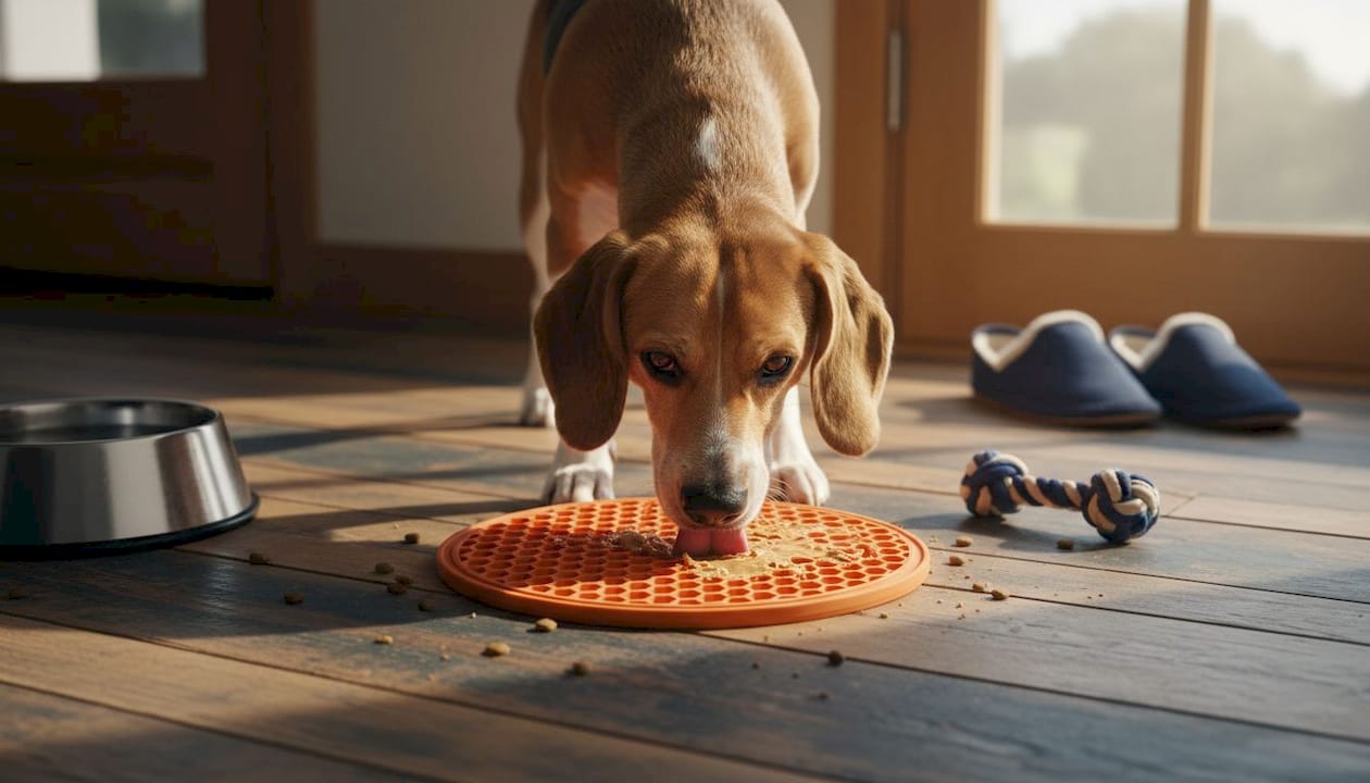 Dog engaging with textured lick mat