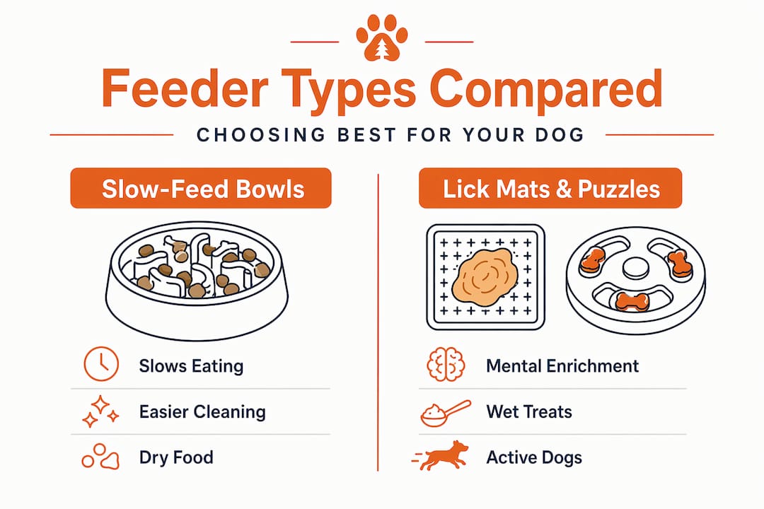 Infographic comparing slow-feed bowls and lick mats with key features