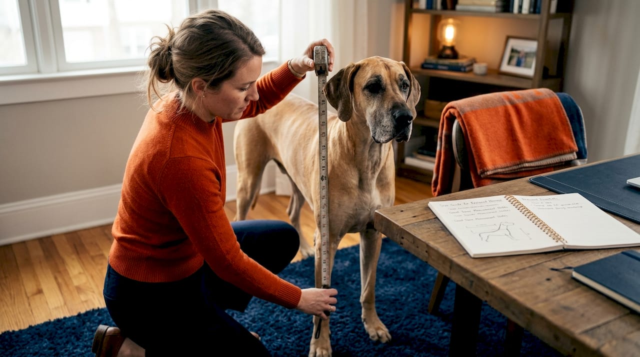 Person measuring large dog's bowl height