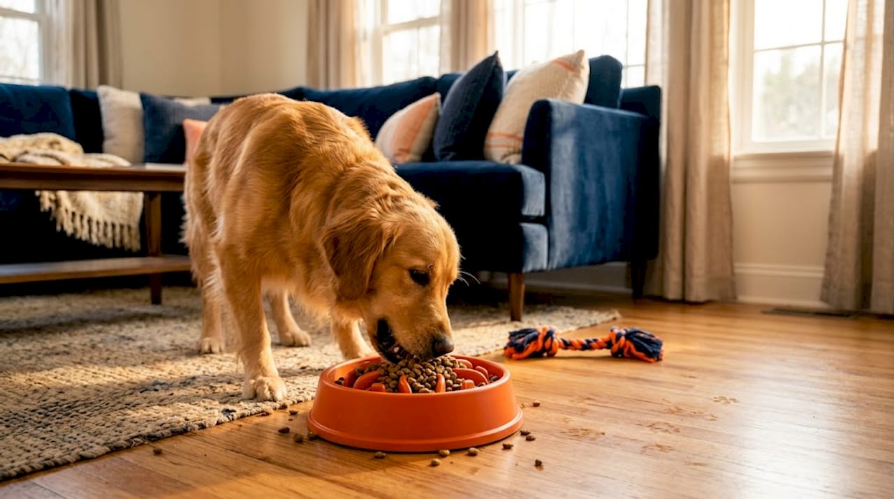 Golden retriever using slow feeder bowl