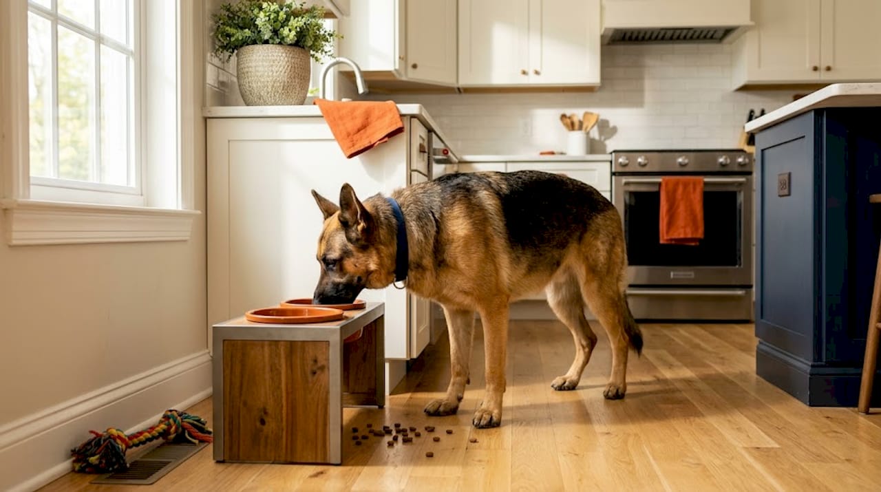 Large dog at elevated double feeder