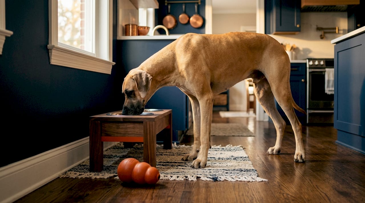 Great Dane eating from chest-height raised feeder