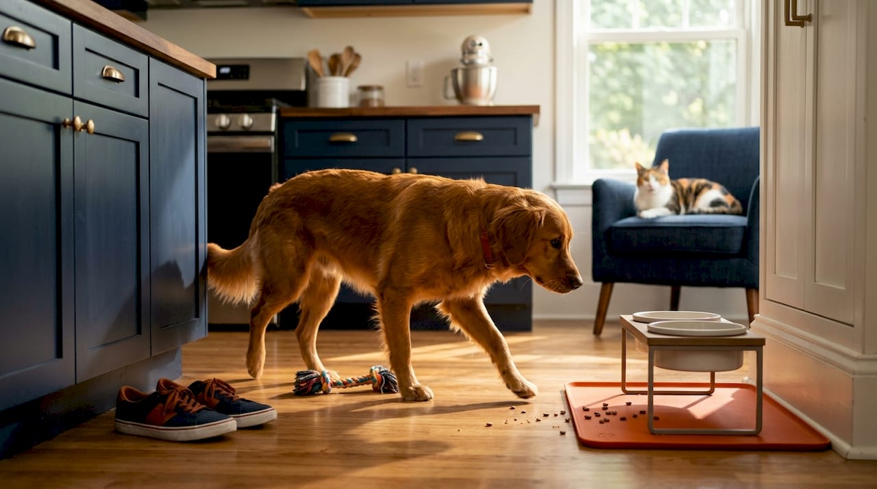 Dog approaching feeder with clear exit lane