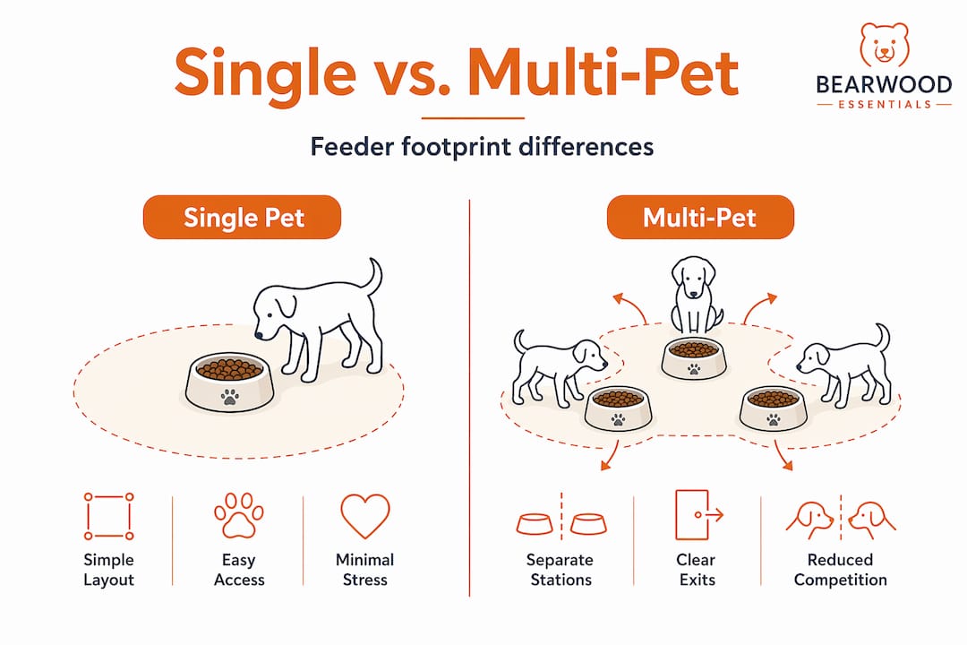 Infographic comparing single and multi-pet feeder placement
