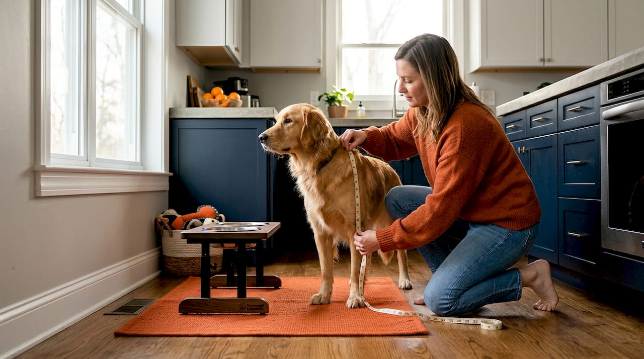 Owner measures dog’s chest for feeder height