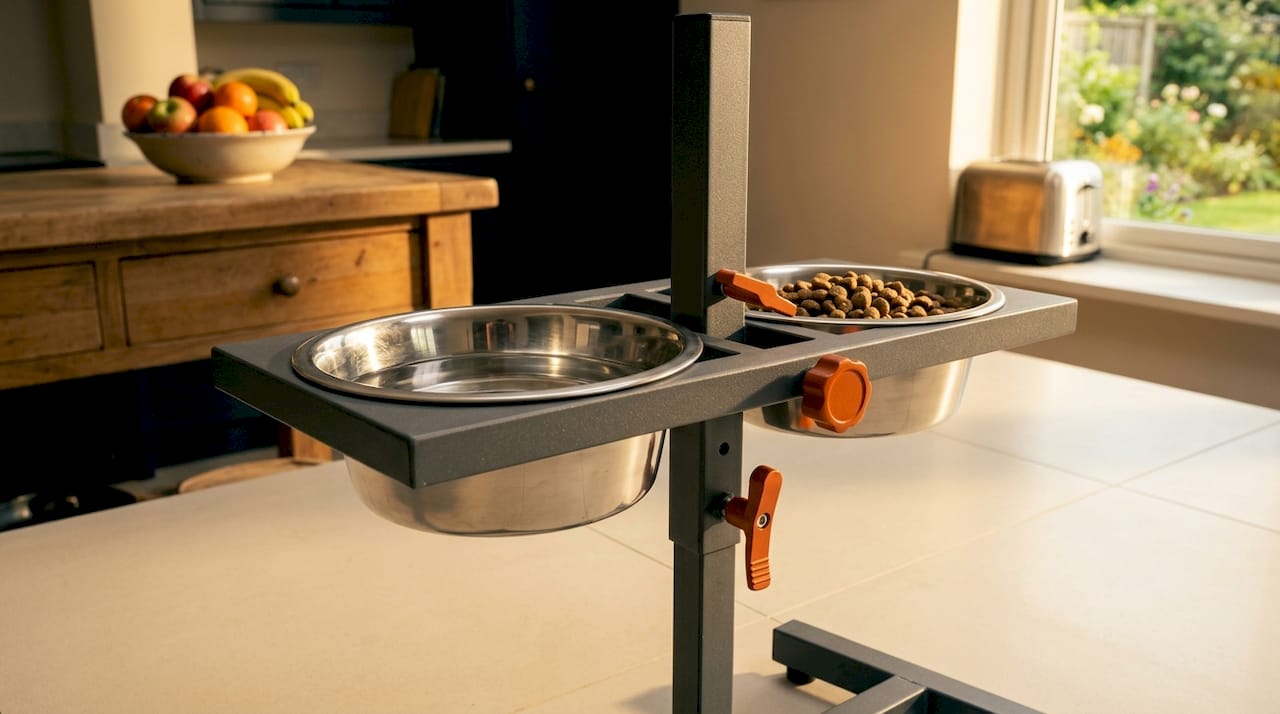 Adjustable elevated dog feeder with stainless bowls