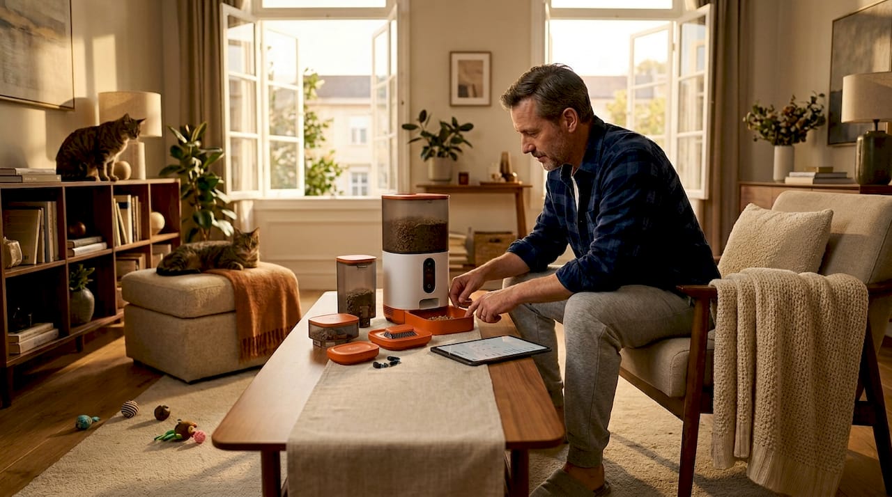 Man configuring modular pet feeder living room
