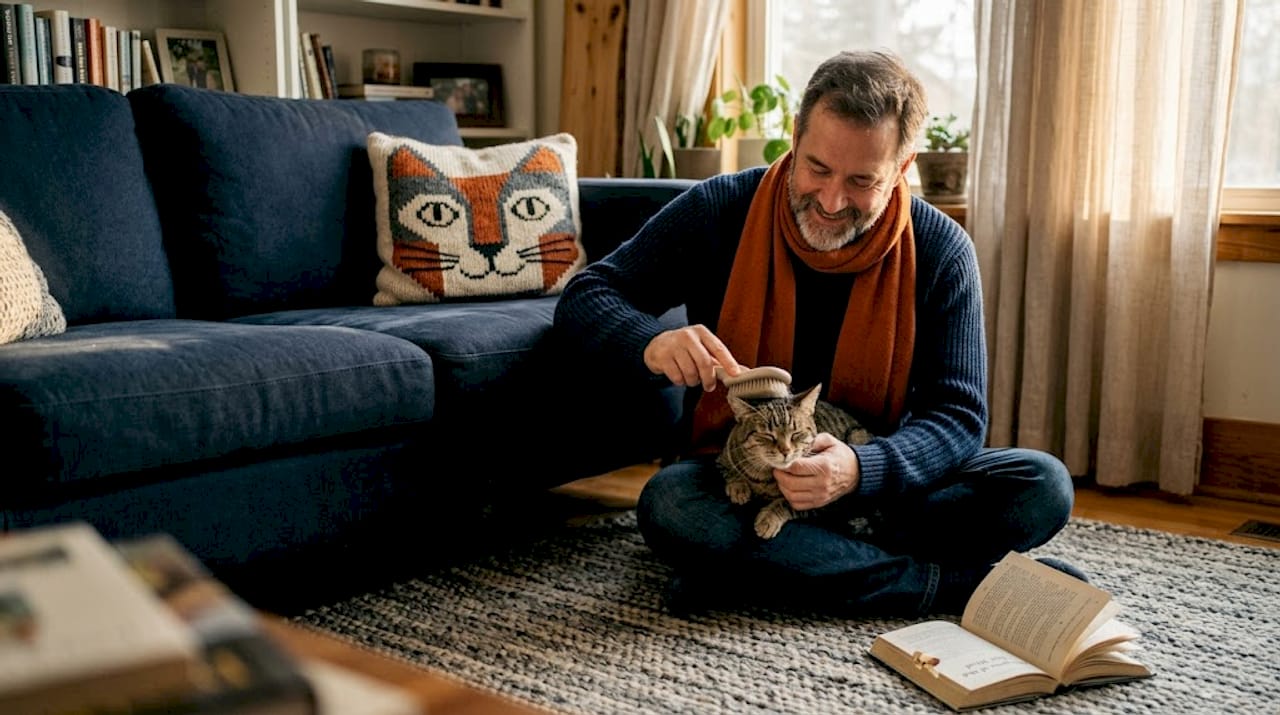 Man bonding with cat and custom pet pillow