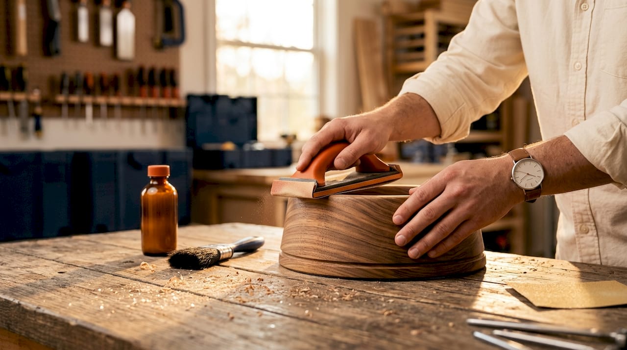 Sanding wooden dog bowl stand surface