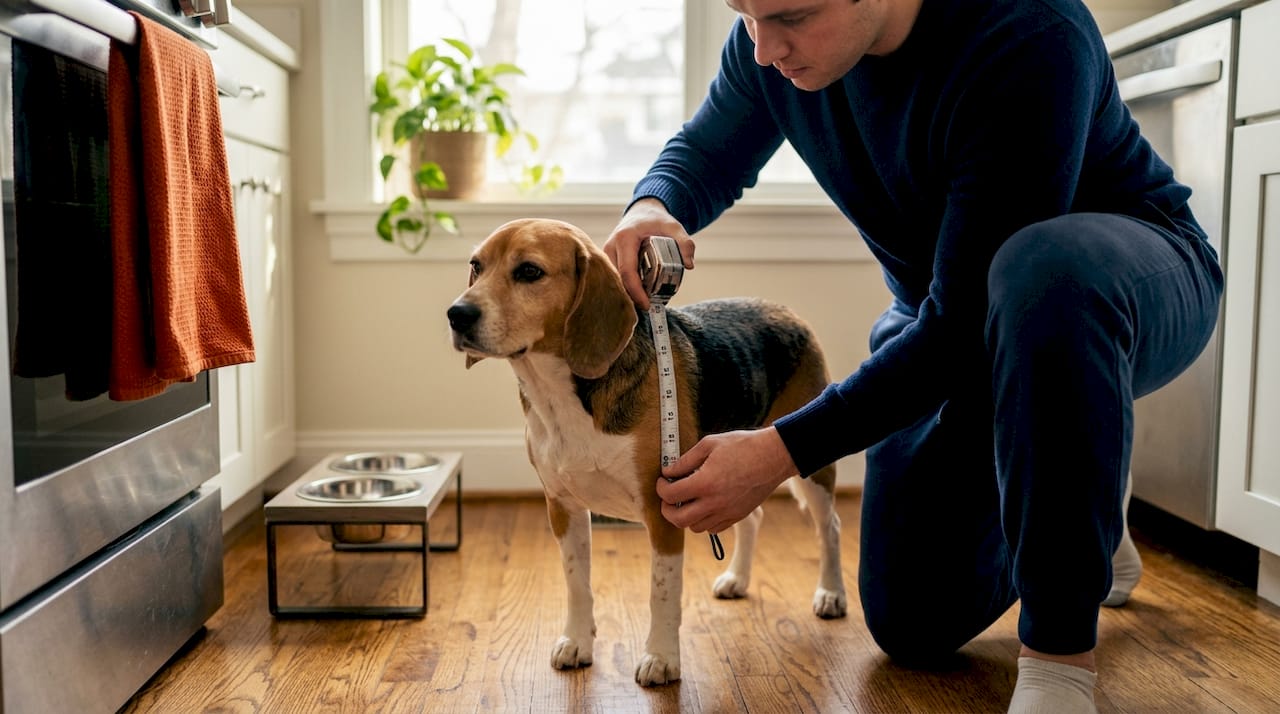 Measuring dog's shoulder height next to raised feeder