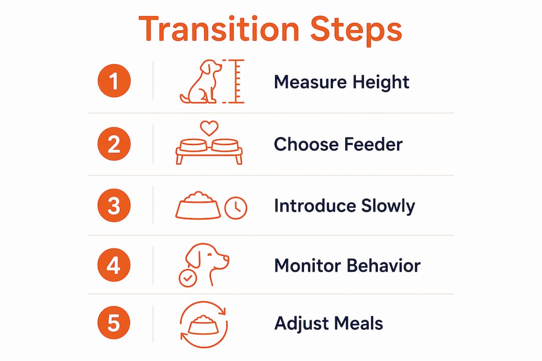 Infographic illustrating steps to transition dog to raised feeder