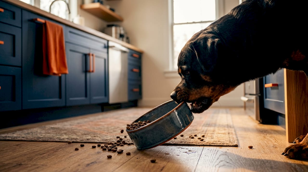 Rottweiler pushing unstable dog bowl on floor