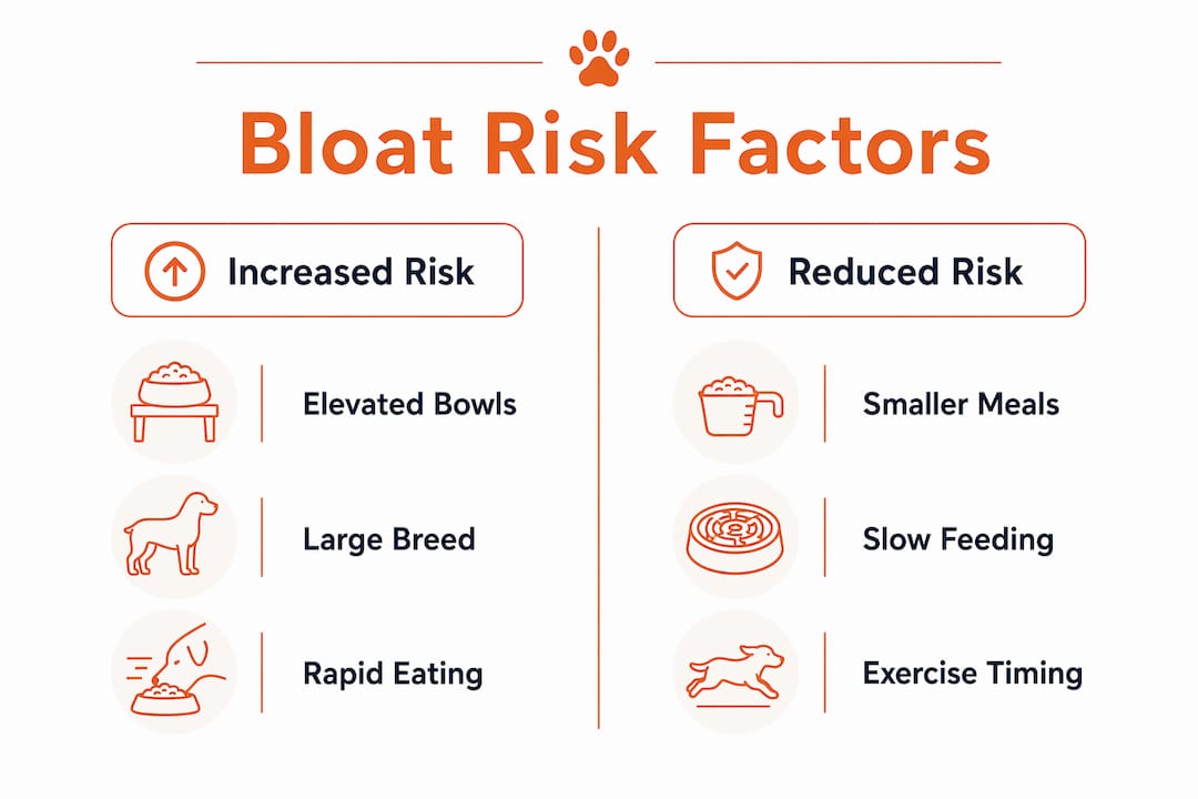 Infographic comparing factors that increase and reduce dog bloat risk