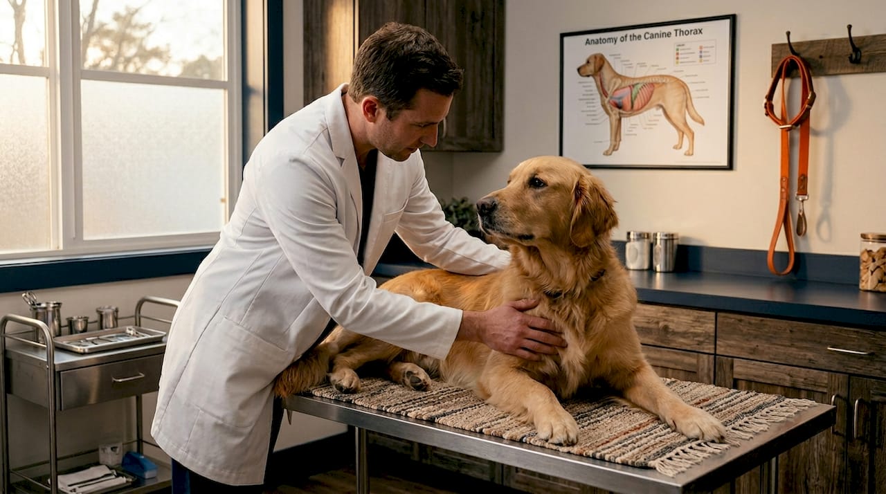 Veterinarian examining large dog in clinic