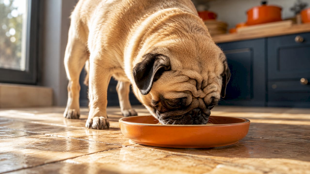 Pug whiskers touching flat bowl rim