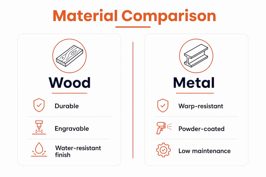 Infographic comparing wood and metal dog bowl stands