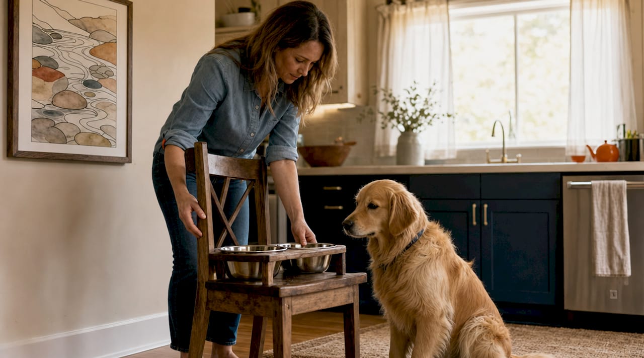 Hands adjusting book stack to measure dog bowl height