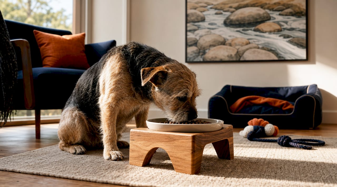 Terrier eating from a modern raised feeder
