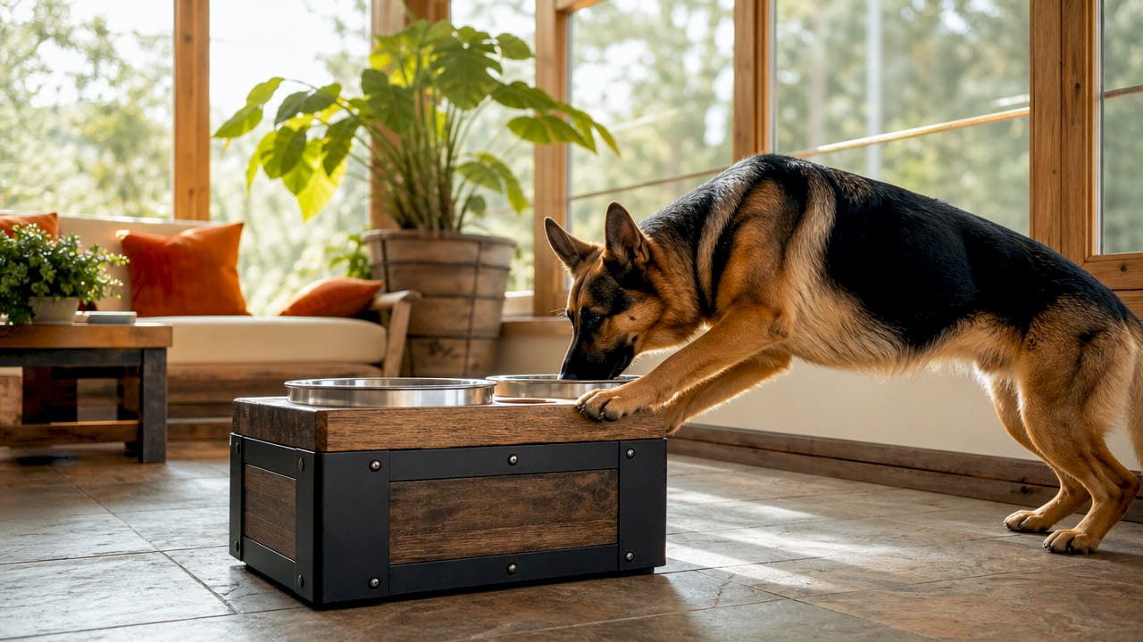Dog pushing against heavy stable pet feeder