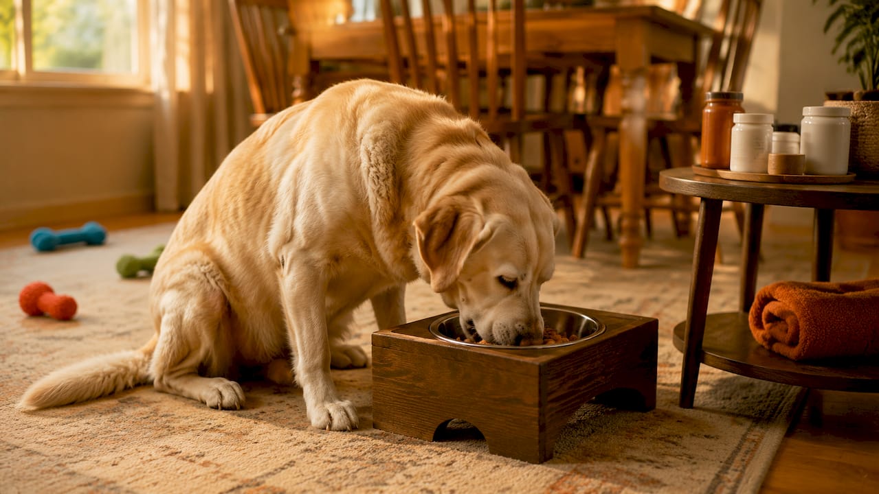 Elderly dog eating from elevated orthopedic feeder