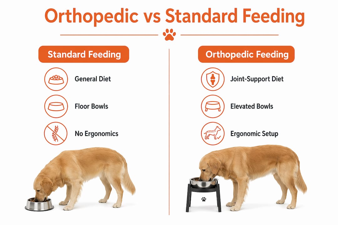 Comparison infographic of orthopedic versus standard dog feeding